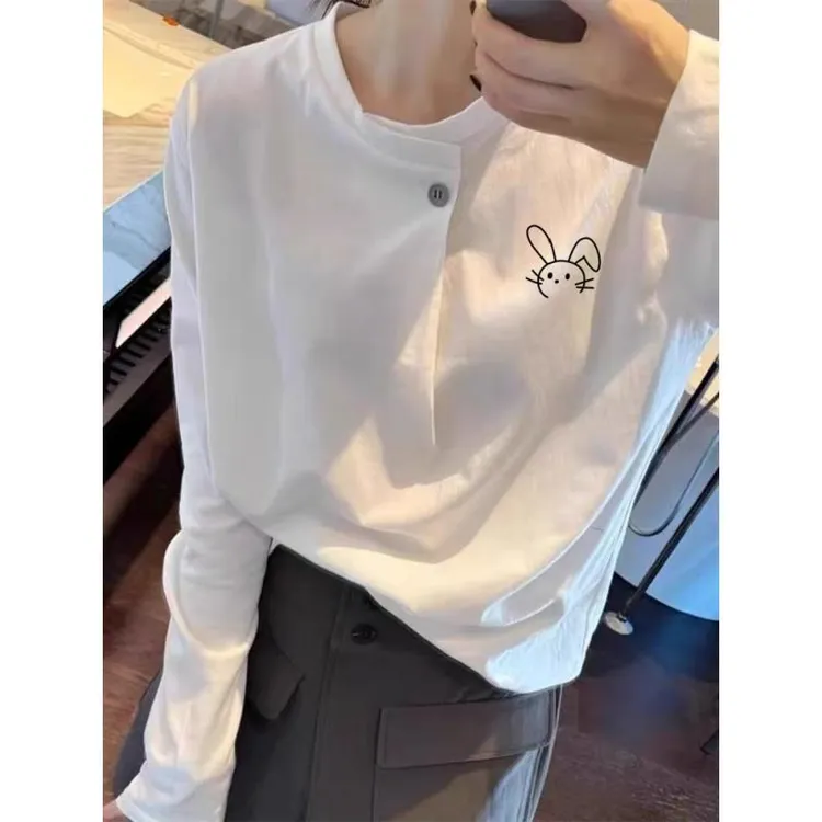 小众别致ins纯棉打底衫2025秋季爆款新款韩版宽松圆领纽扣长袖T恤