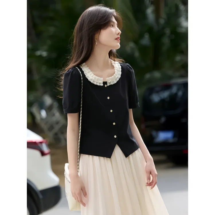 法式蕾丝花边拼接圆领T恤女短袖优雅黑色上衣2025夏季新款气质