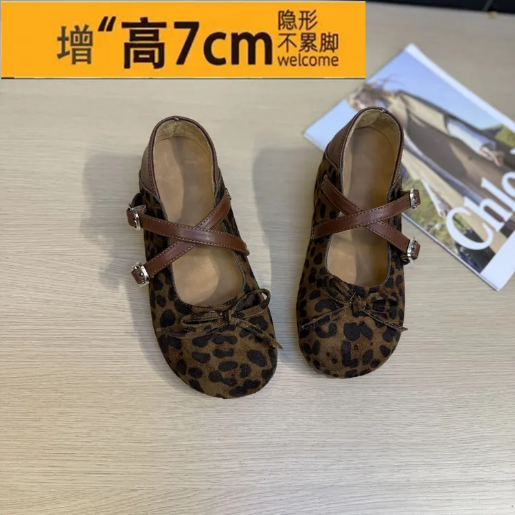 内增高7cm法式复古豹纹蝴蝶结单鞋女2025秋季新款绒面仙女风瓢鞋