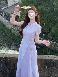 629-6#【紫阳花】新中式镂空刺绣假两件旗袍2025夏紫色连衣裙裙子