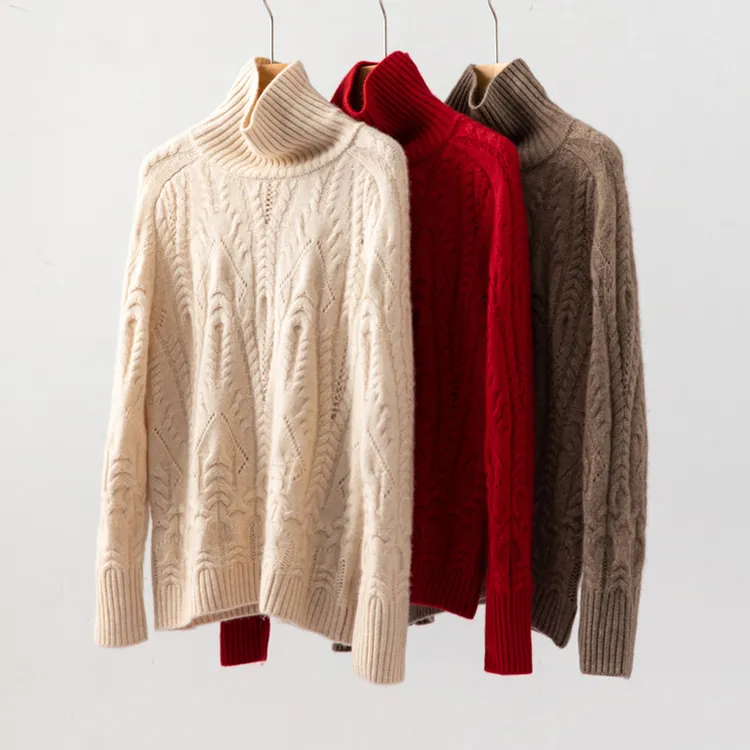 100纯山羊绒高领堆领两穿立体绞花保暖秋冬冬季网红加厚毛衣女
