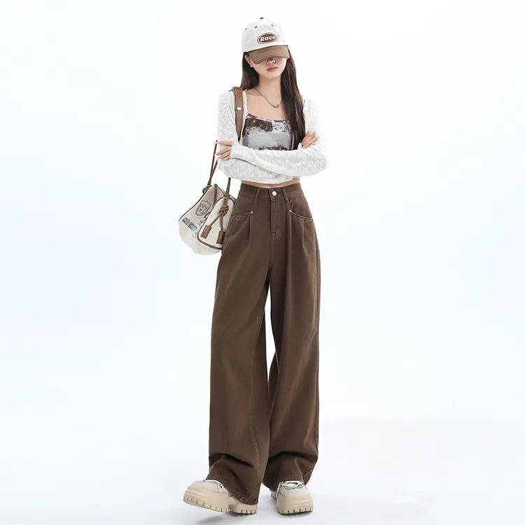 卡其色阔腿牛仔裤女2025秋冬新款褶皱小众高腰宽松显瘦垂感拖地裤