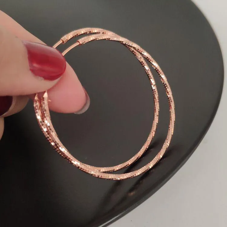 s925纯银玫瑰金色耳环耳圈气质闪亮扭纹大圈圈