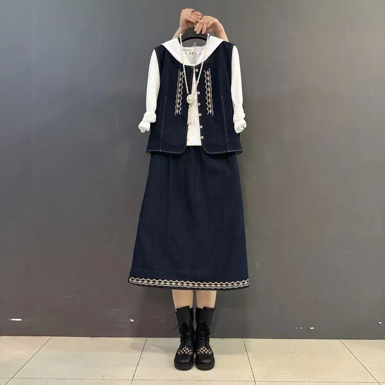 韩版显瘦秋款连帽打底马甲半裙森系文艺范套装