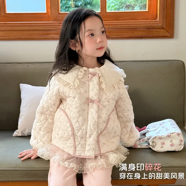 【大小卷】儿童冬款满印碎花蝴蝶结娃娃领加厚女童棉衣外套-71121
