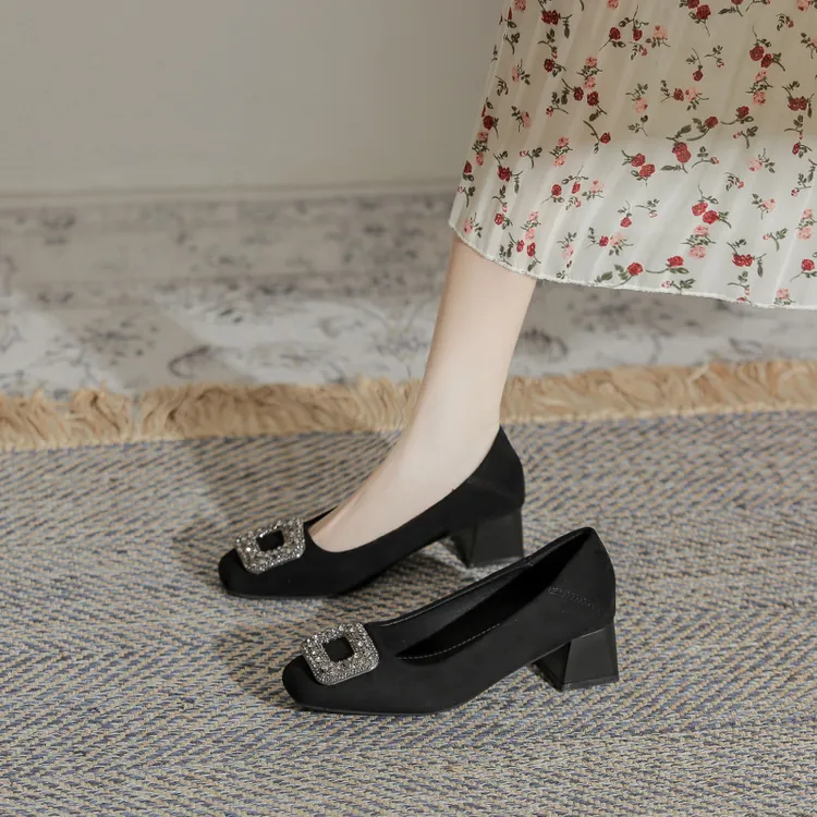 方头水钻绒面浅口粗跟通勤工作鞋黑色春秋宴会妈妈鞋高级瓢鞋单鞋