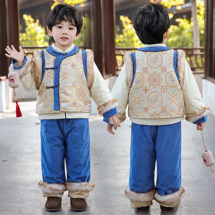 国潮园花加绒加厚款冬季唐装套装宝宝加绒拜年服