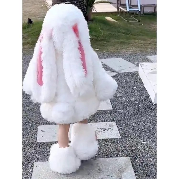 奥莱正品女童毛绒套装冬新款儿童卡通小兔子衣服女孩加绒毛毛衣短