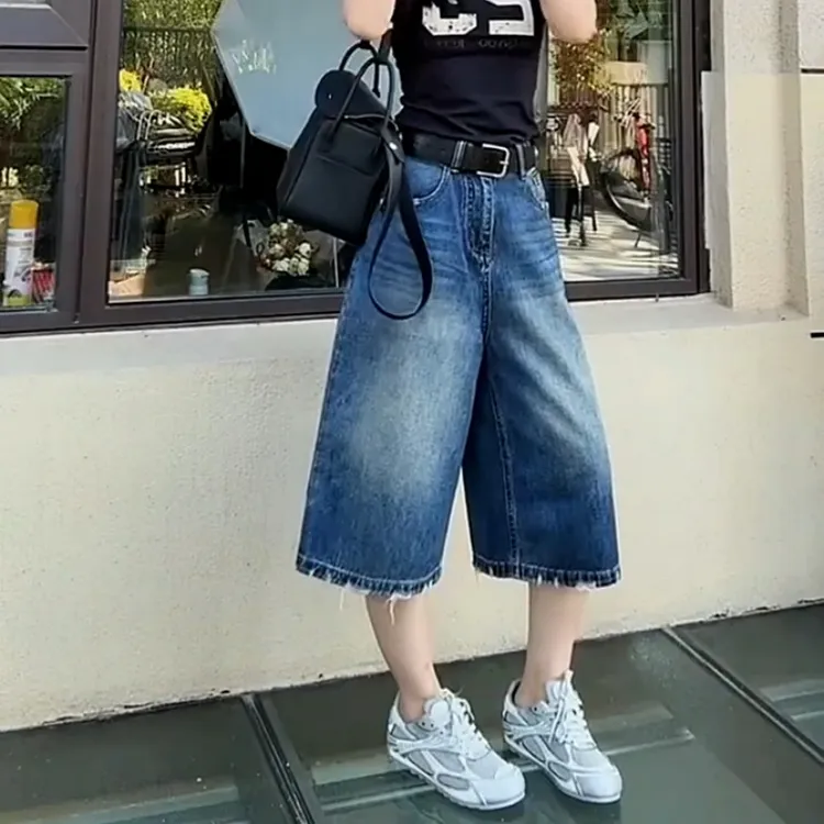 复古水洗做旧牛仔裤女夏季高腰宽松阔腿裤直筒七分裤显瘦百搭裤子