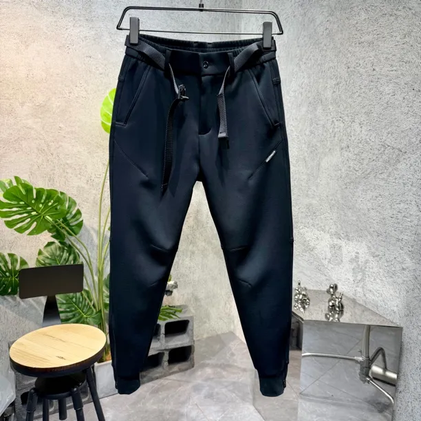 运动潮流风裤子加厚保暖黑色男裤子裤脚螺纹拉链休闲裤纯色时尚