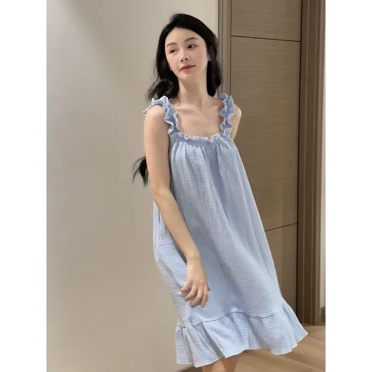 〈棉棉泡芙〉A类纯棉双层纱布甜美木耳边少女睡裙家居服