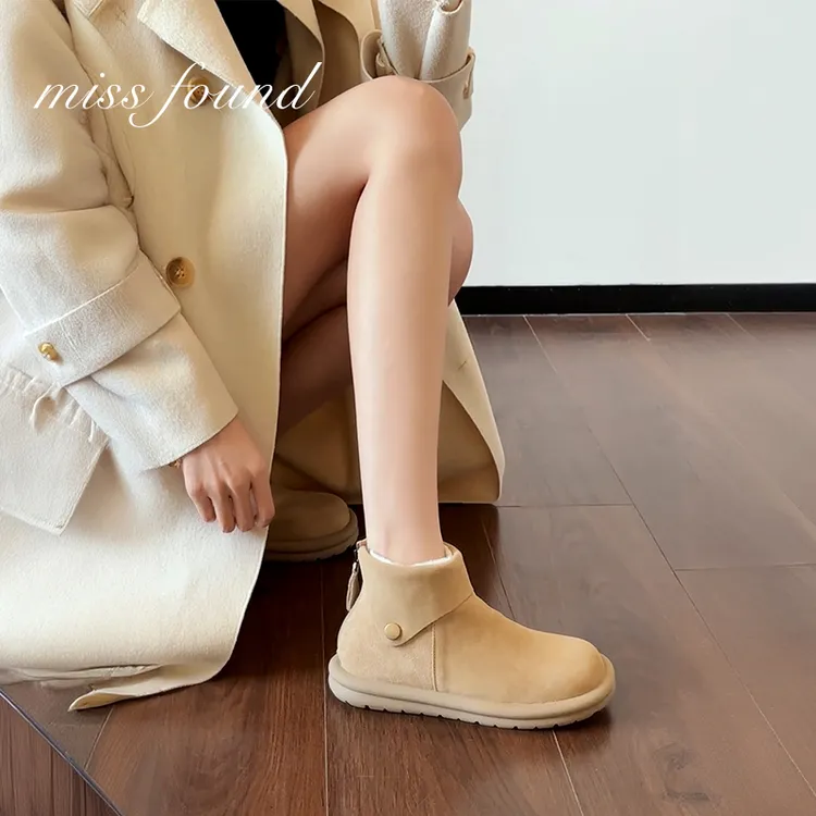 杏色麂皮防水雪地靴女厚底保暖后拉链短靴百搭平底2025新款秋冬