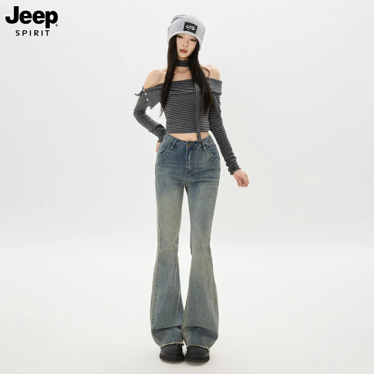 Jeep吉普美式复古高腰微喇牛仔裤女2025新款显瘦修身阔腿喇叭裤子