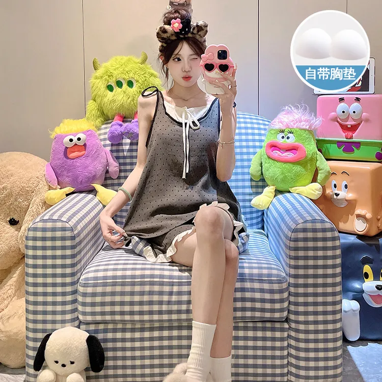 睡衣女款夏季韩版带胸垫波点吊带背心短裤少女夏天外穿家居服套装