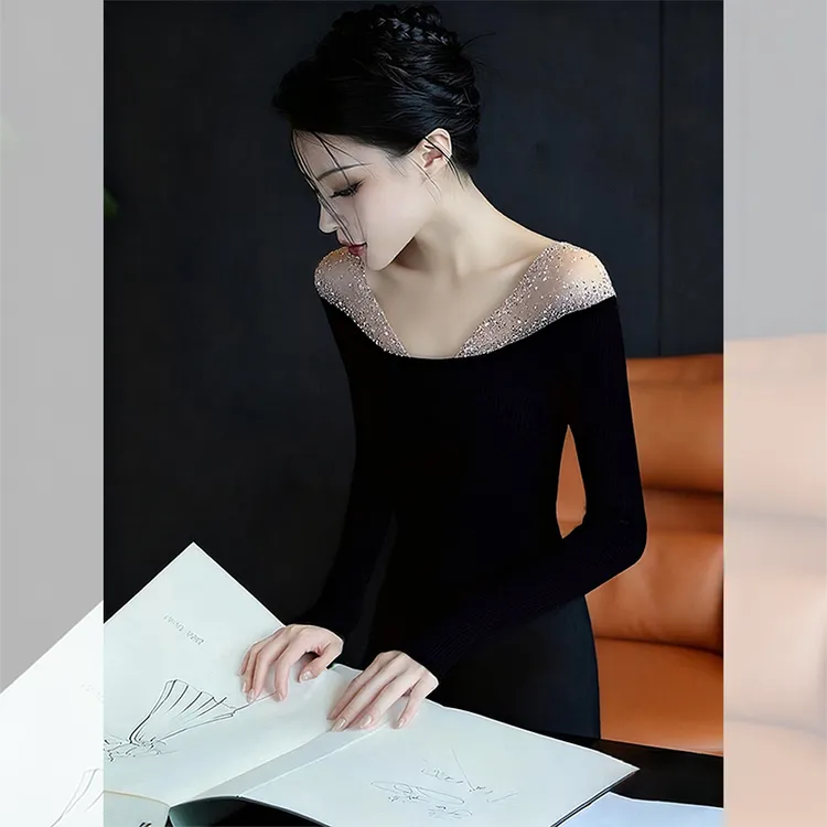 独特漂亮内搭黑色露肩小衫秋冬女装洋气高贵网纱烫钻针织衫上衣服