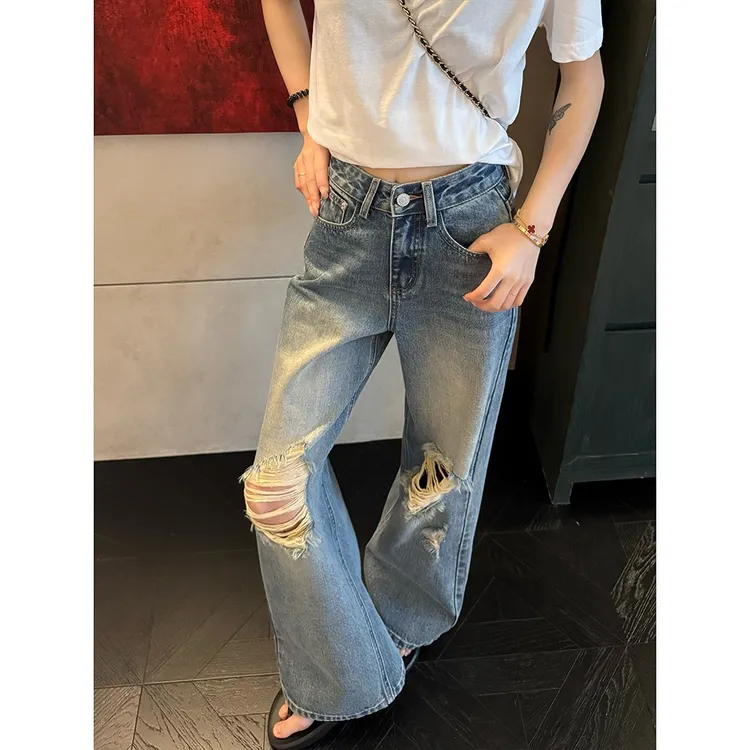 百搭休闲阔腿裤弹力牛仔裤裤子女款爆款2025新款高腰破洞垂感裤子