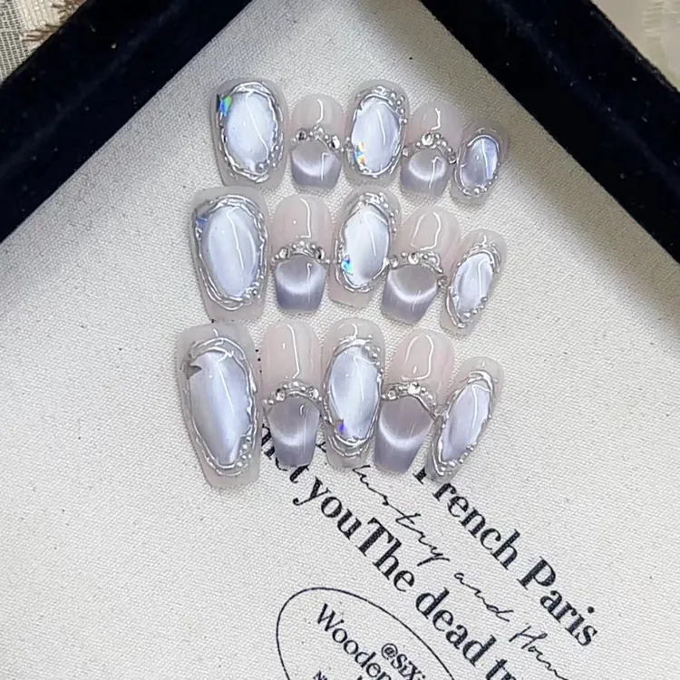 纯手工光疗穿戴甲蓝海洋之瞳成品重复使用美甲贴片可拆卸猫眼