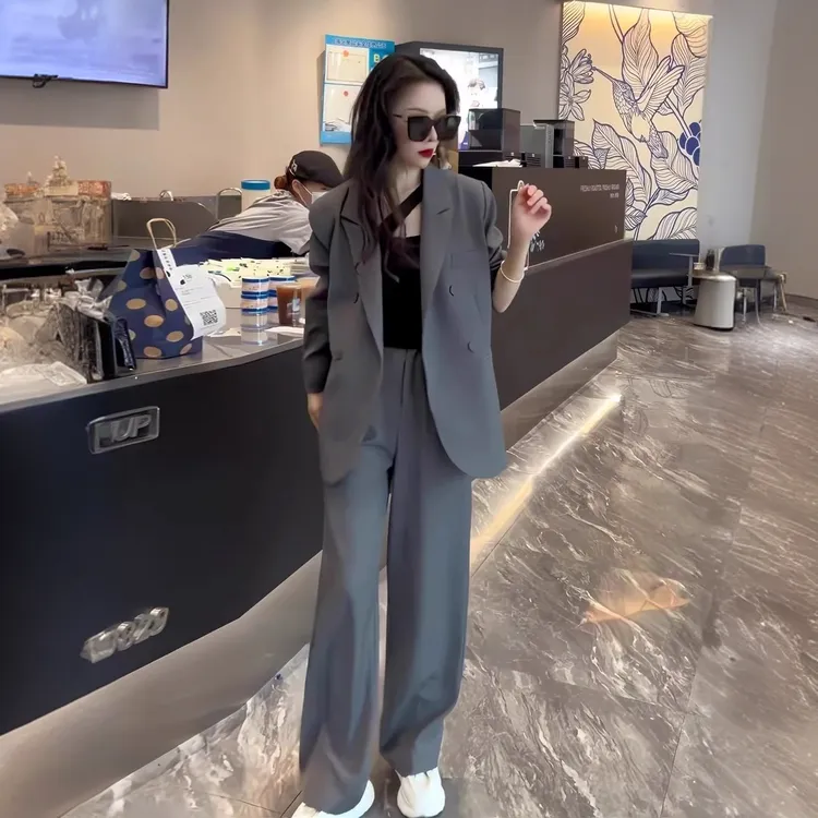 大码气质西装套装女秋季胖mm韩版休闲高级感职业西服阔腿裤两件套