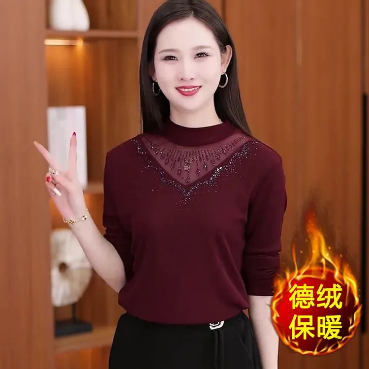 大码遮肚显瘦半高领长袖T恤衫新款秋冬时尚镂空烫钻加绒打底衫