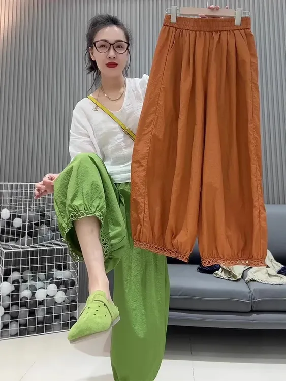 欧货2025夏季薄款蕾丝花边灯笼裤女宽松百搭九分速干阔腿裤休闲裤