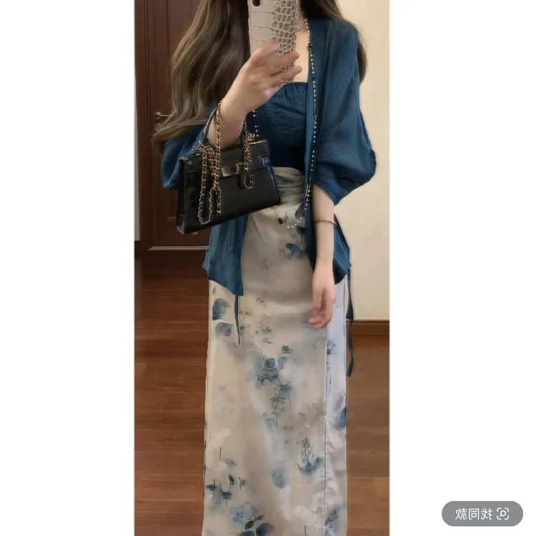 新中式国风唐装禅意改良汉元素抹胸半身裙开衫三件套汉服套装女装