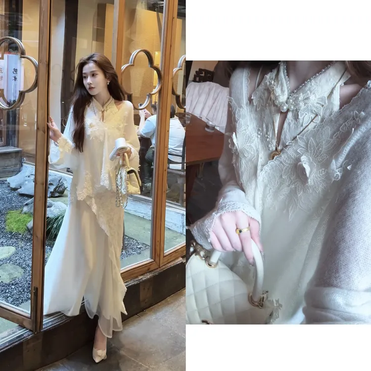 【婷婷】《白茶》马海毛羊毛蕾丝绣花旗袍套装 TT2SQTY2135