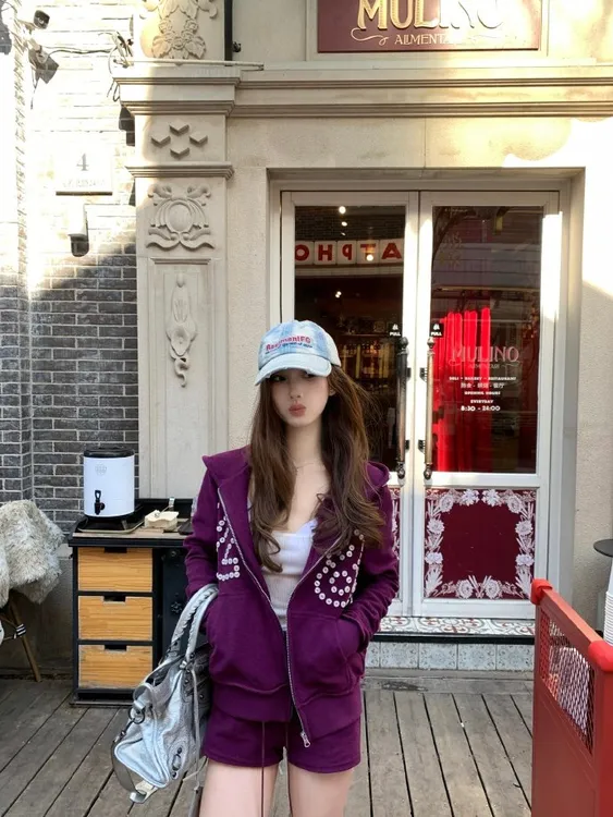 美式时尚宽松高级感拉链连帽长袖开衫卫衣女高腰弹力修身显瘦短裤