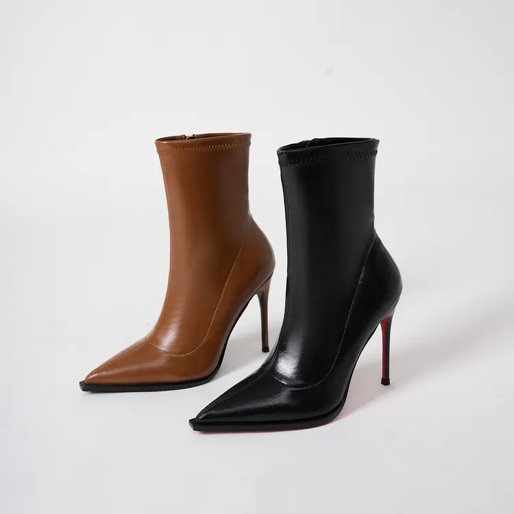 短靴女2025秋冬季新款尖头细跟中筒靴侧拉链瘦瘦靴弹力靴红底靴子