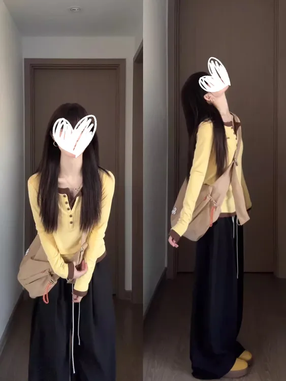 韩系穿搭黄色假两件长袖t恤女早秋季新款设计感小众修身显瘦上衣