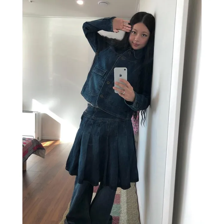 复古日系秋季水洗翻领牛仔外套百褶半身裙休闲长裤女