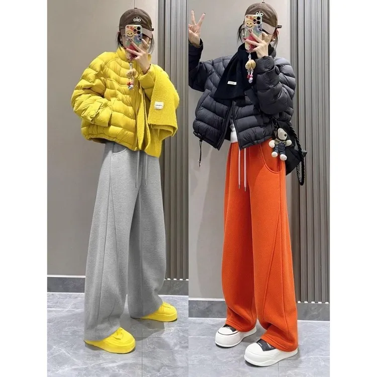 美式宽松休闲弯刀裤女秋冬新款橙色裤子高腰窄版直筒阔腿拖地裤