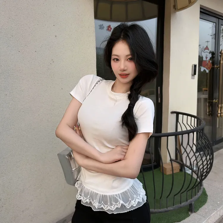 2025春夏季新款纯欲蕾丝打底芭蕾风短袖T恤内搭打底衫白色上衣潮