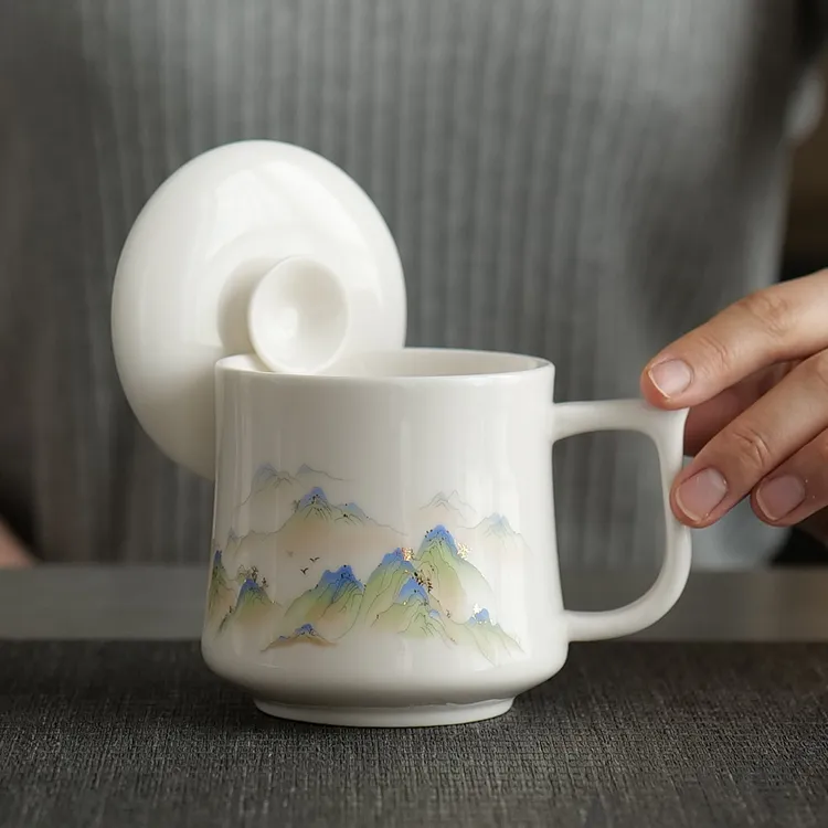 羊脂玉陶瓷茶杯办公室个人专用马克杯带盖白瓷杯子家用水杯伴手礼