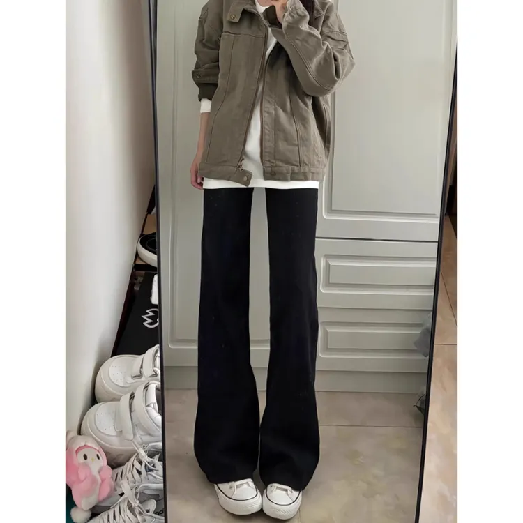 黑色基础款牛仔裤男款春秋美式cleanfit高级感裤子情侣痞帅微喇裤