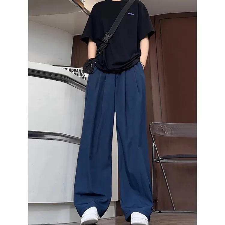 藏蓝色垂感山本裤子男夏薄款冰丝高腰直筒阔腿裤慵懒松弛感休闲裤