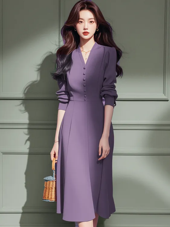 紫色长袖V领连衣裙女2025新款高端气质收腰显瘦超好看中长裙A3007