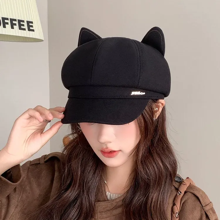 可爱猫耳朵八角帽女秋冬季日系百搭遮阳显脸小鸭舌帽贝雷画家帽