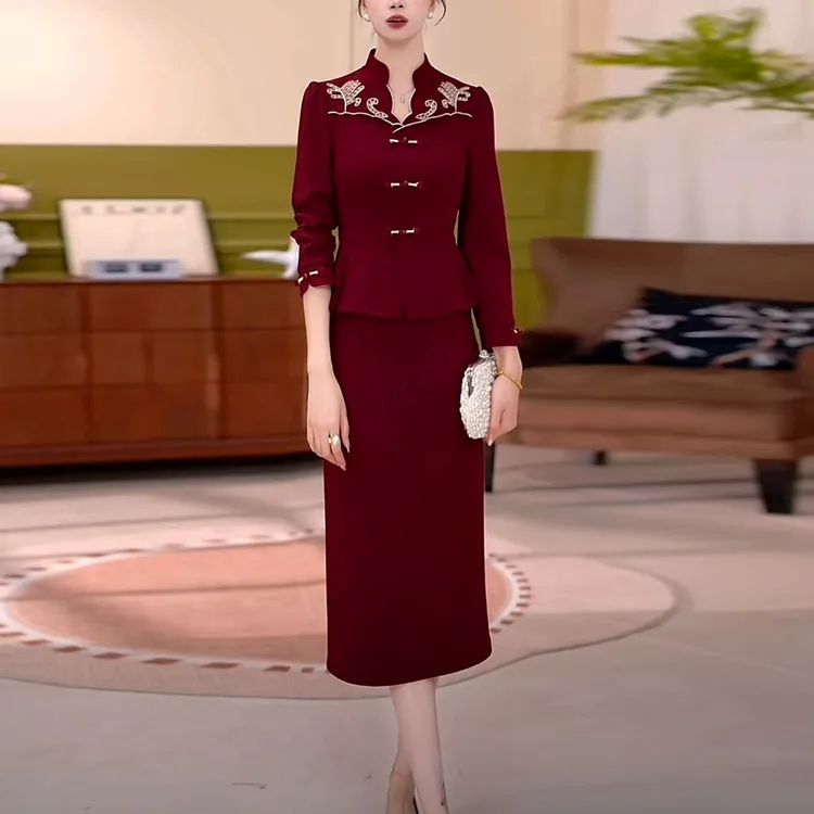 斜纹精纺新中式假两件连衣裙2025秋季新款修身显瘦婚宴妈妈礼服裙