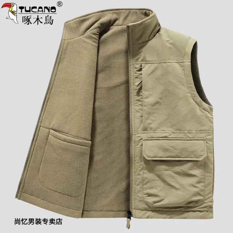 啄木鳥TUCANO秋冬新款加绒马甲多口袋双面穿马夹男士户外工装背心