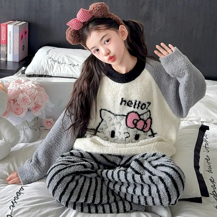 儿童半边绒睡衣秋冬新款6-12岁15女孩洋气保暖家居服女童加厚套装