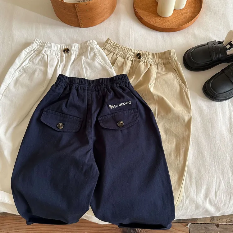 2024童长裤春秋季新品男女宝宝简约刺绣棉布裤卡通小狗裤休闲裤