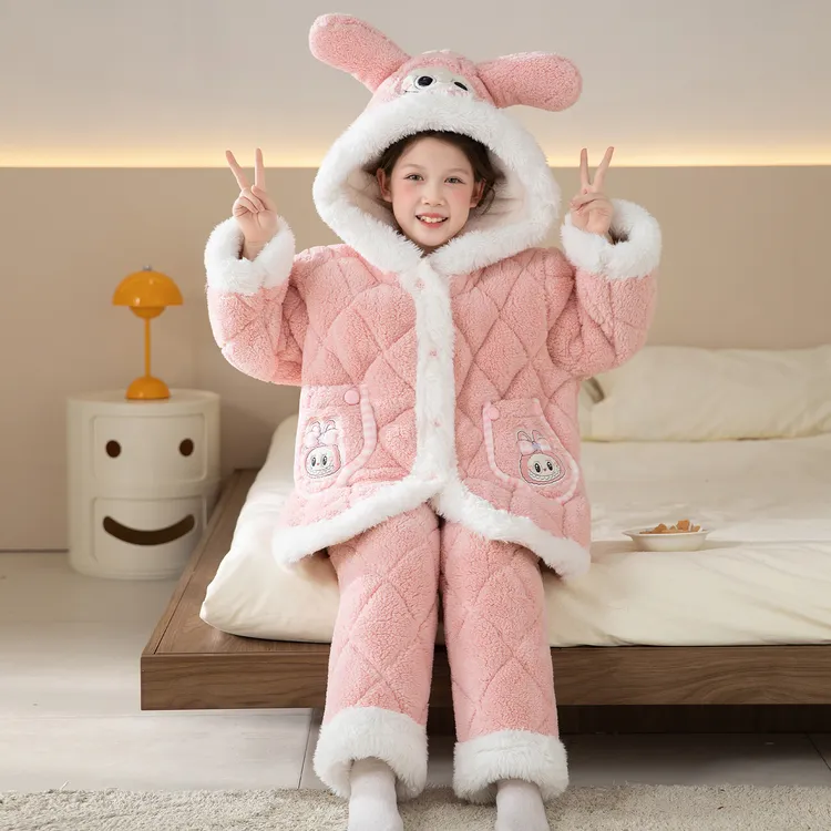 冬季新款女童法兰绒睡衣儿童三层夹棉套装加绒加厚洋气保暖家居服