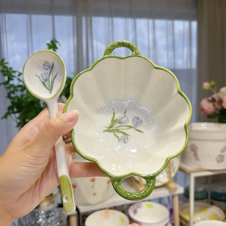 紫色郁金香南瓜陶瓷花边双耳深汤碗家用大容量双耳汤碗拉面勺TJ