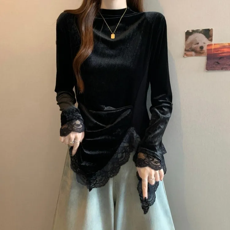 半高领蕾丝长袖t恤女秋冬大码胖mm修身显瘦内搭不规则金丝绒上衣