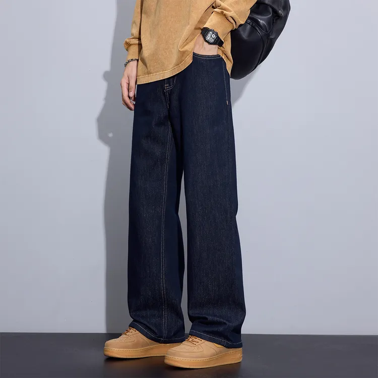 Kuvine2025宽松直筒秋季新款男裤子银闪蓝美式复古水洗牛仔裤男士
