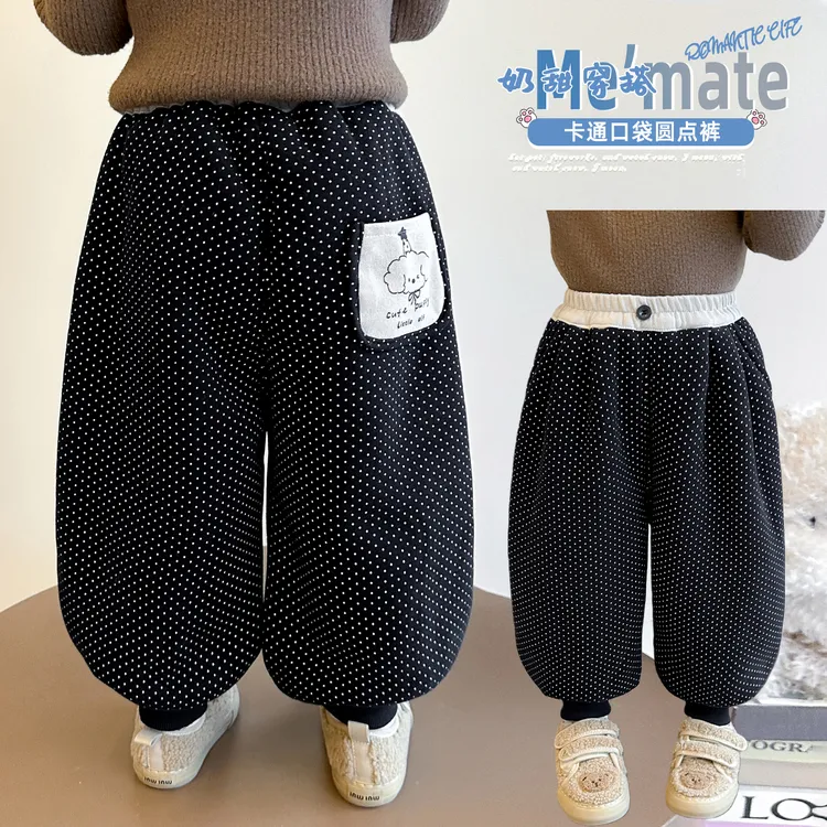 【口袋小狗圆点裤】女小童冬季新款加绒加厚卡通小狗波点休闲裤