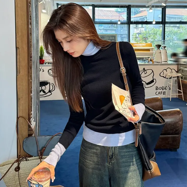 2025年新款秋冬季洋气高领毛衣女修身显瘦百搭气质撞色针织打底衫