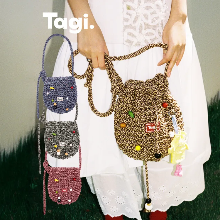 Tagi.机灵果子复古夏日清凉串珠桶包可调节编织包单肩斜挎