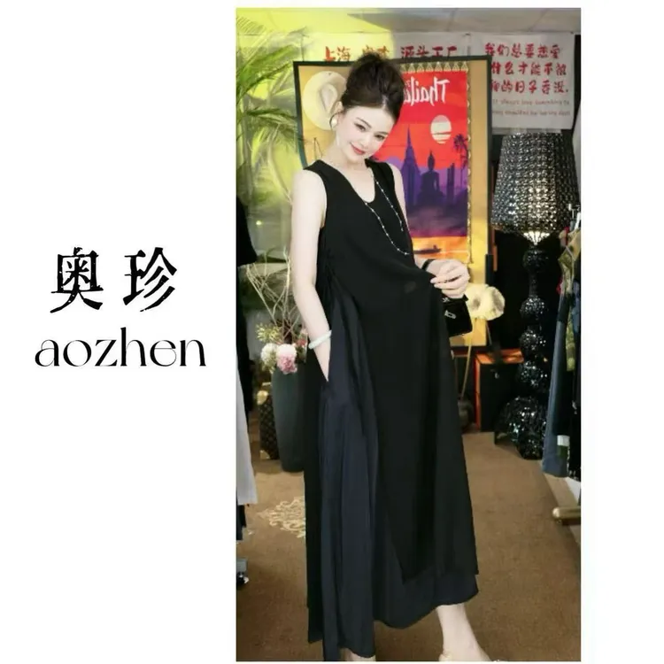 【形象魅力】有口袋文艺复古系带不规则设计减龄时尚飘逸气质长裙