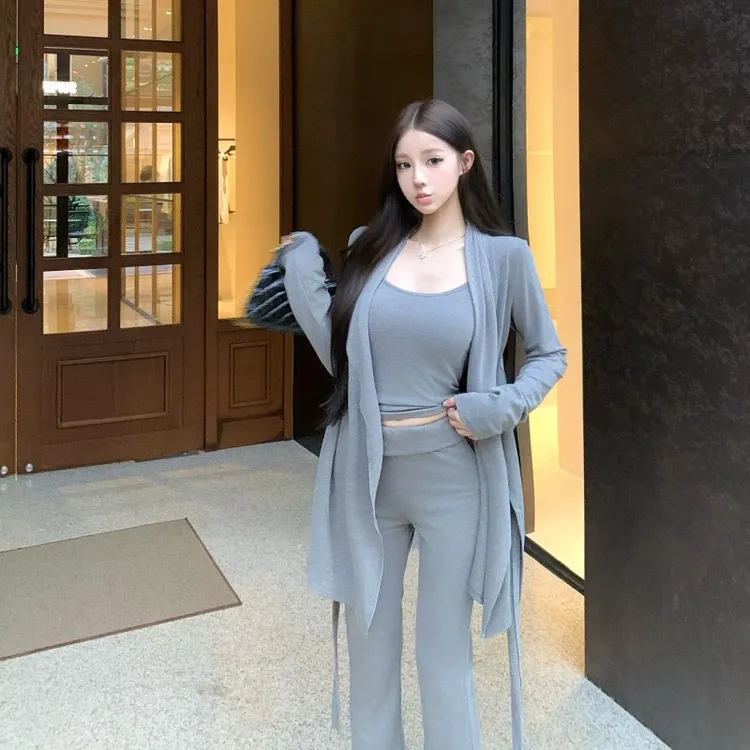 慵懒休闲气质修身背心绑带开衫长裤女装休闲套装痞帅炸街风女装